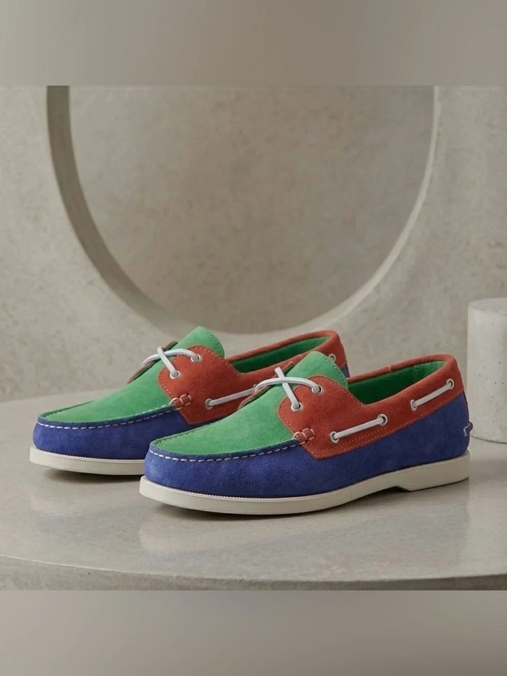 🖤🖤 CLUBROOM Mens Blue Color Block Comfort Elliot Round Toe Lace-Up Boat Shoes